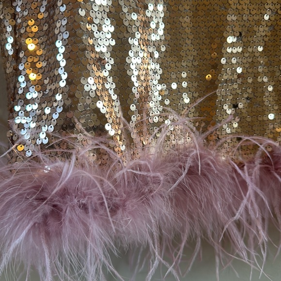 Fabulous Rose Gold Sequin and Pink Feather Top Size L - Picture 2 of 7